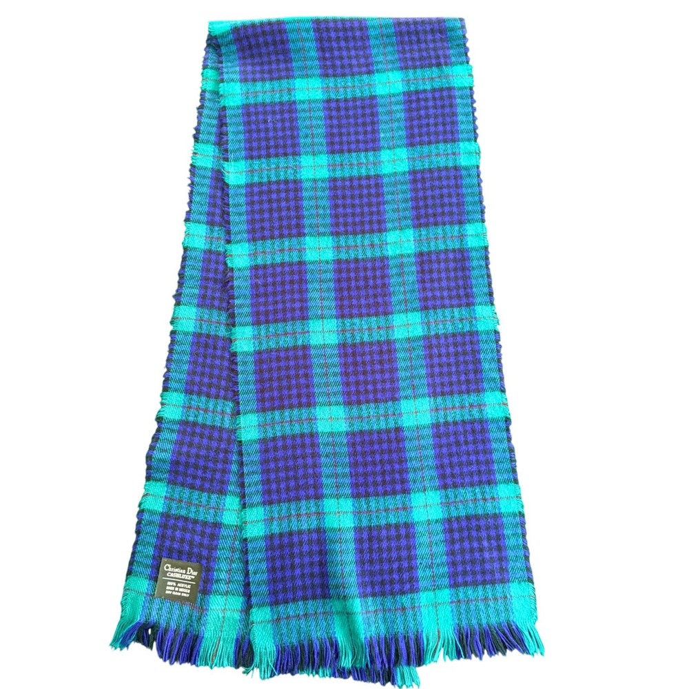 Christian Dior Cashluxe Plaid Scarf Blue Teal Green Vintage Acrylic Fringe